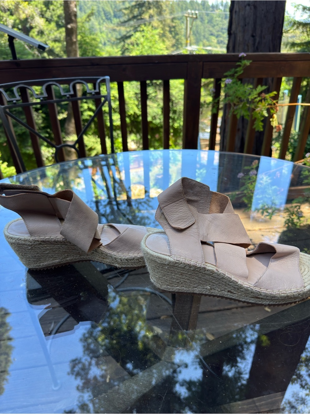 Eileen Fisher Beige Crisscross Espadrille Wedge Sandals